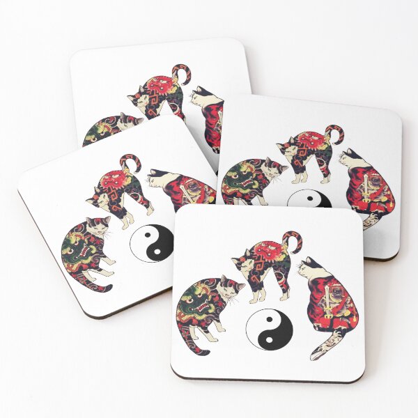 Item preview, THREE JAPANESE CATS WITH DRAGON RED DEVIL TATTOOS AND YIN YANG SYMBOL designed and sold by BulganLumini.