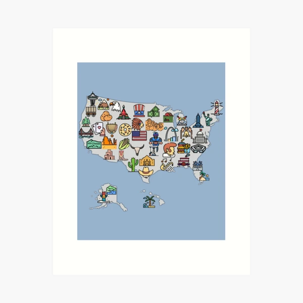 map of USA with icons of symbols, culture and landmarks