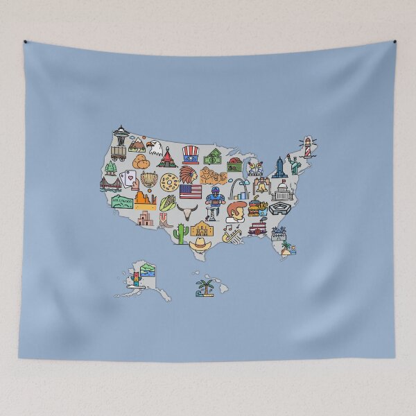 Item preview, map of USA with icons of symbols, culture and landmarks, attractions. gray designed and sold by mashmosh.