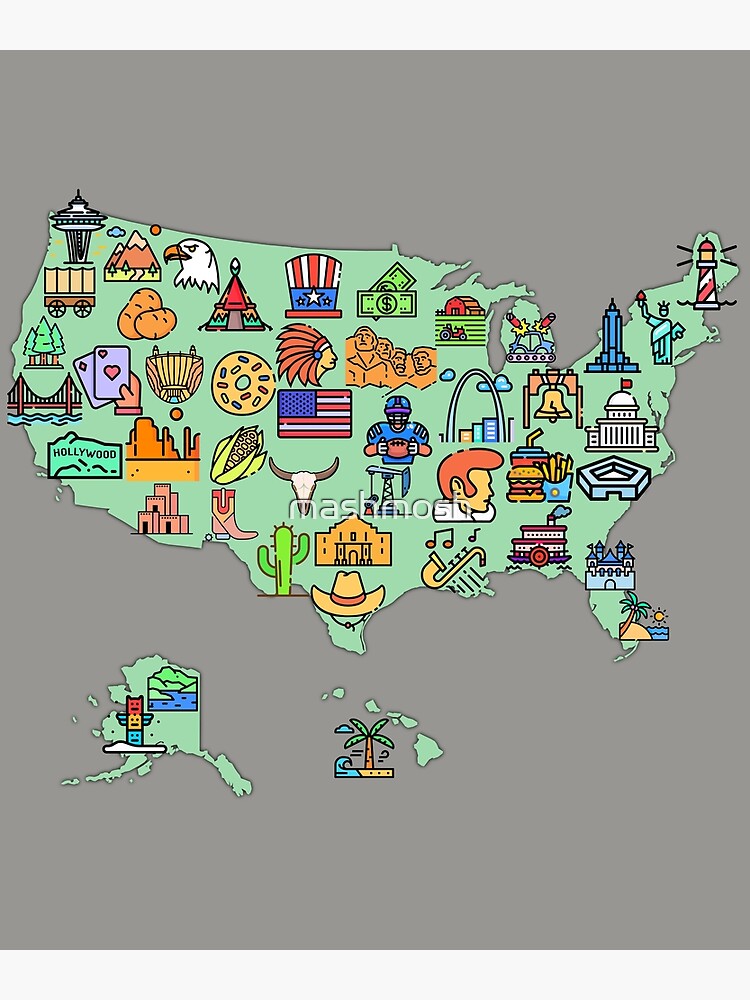 map of USA with icons of symbols, culture and landmarks