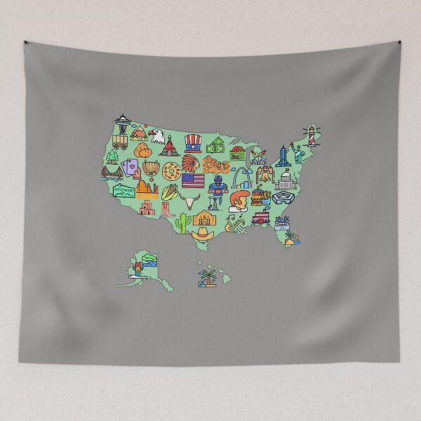 Item preview, map of USA with icons of symbols, culture and landmarks, attractions. green designed and sold by mashmosh.