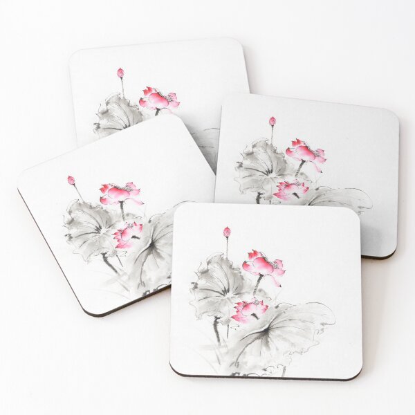 Item preview, Sumi-e Zen artwork of pink lotus flowers with leaves on white art print designed and sold by AwenArtPrints.