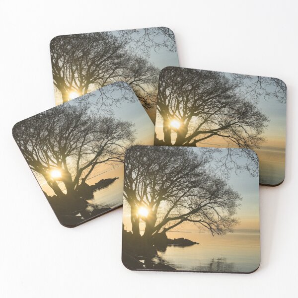 Item preview, Golden Tranquility - Lacy Tree Silhouettes on the Lake Shore designed and sold by Georgia Mizuleva.