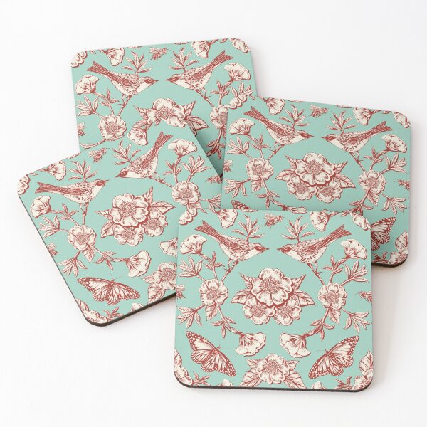 Item preview, Red, Turquoise & Cream Birds, Butterflies & Flowers designed and sold by somecallmebeth.