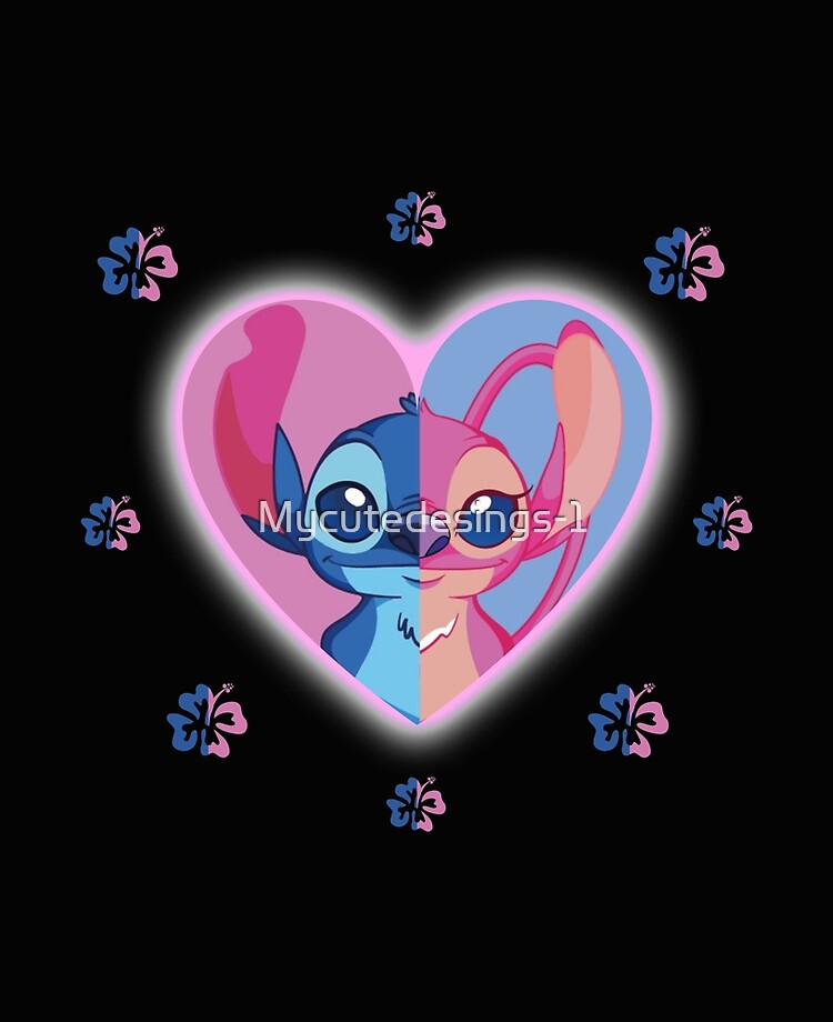 Stitch and Angel one inside a heart and around Hawaiian flowers