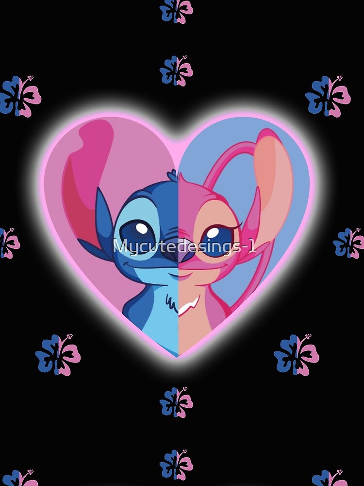Discover Stitch and Angel one inside a heart and around Lilo and Stitch Drawstring Bag