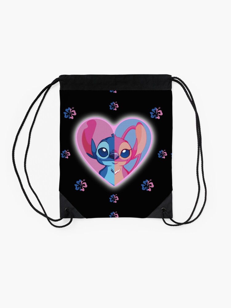 Disover Stitch and Angel one inside a heart and around Lilo and Stitch Drawstring Bag