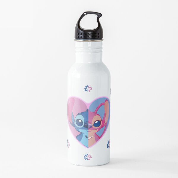 Stitch and Angel one inside a heart and around Hawaiian flowers, lilo and stitch backpack. Water Bottle