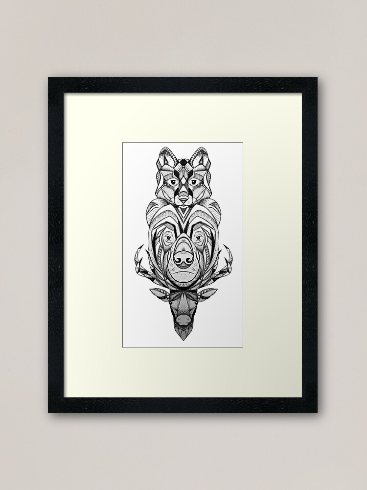 Wolf Bear And Stag Totem Pole Framed Art Print By Brollyweather Redbubble
