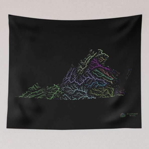 Item preview, Virginia River Basin Map in Rainbow Colours with Black Background designed and sold by GrasshopperGeo.