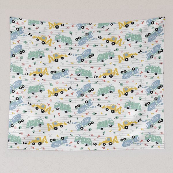 Item preview, Vector white pen skech doodle cute tilted cement trucks transport vehicles seamless pattern with stripes. designed and sold by jamiesoondesign.