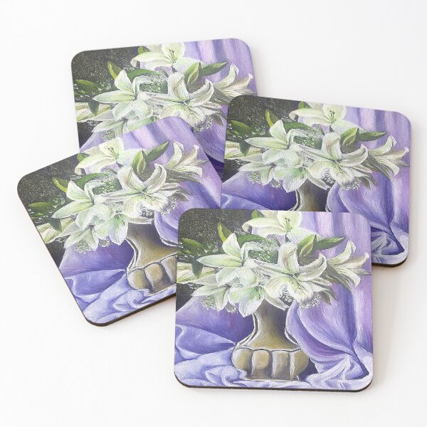 Item preview, ST JOSEPH LILIES IN CLAY POT AND LIGHT PURPLE DRAPERY,FINE ART PRINT, STILL LIFE  Inspired by nature  designed and sold by Adri Barnard.