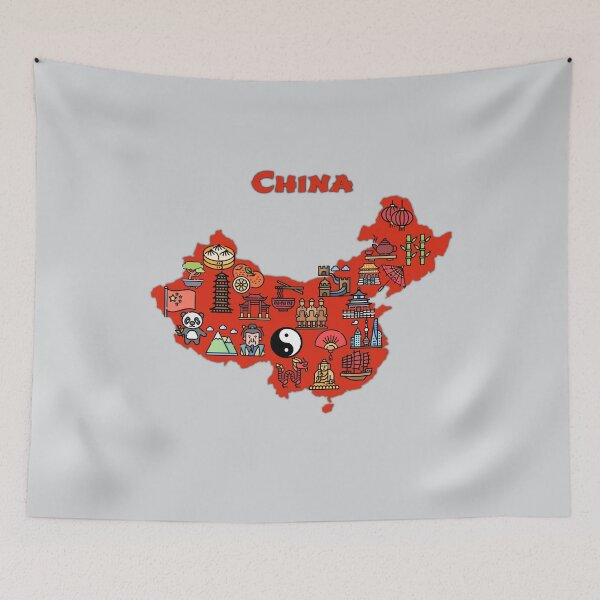 Item preview, map of China with icons of Chinese destinations, symbols, culture, attractions, landmarks. red designed and sold by mashmosh.
