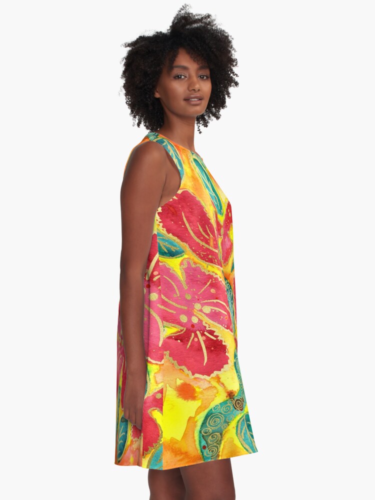 Alternate view of Watercolor Painting Tropical Red Hibiscus Gold Glitter A-Line Dress