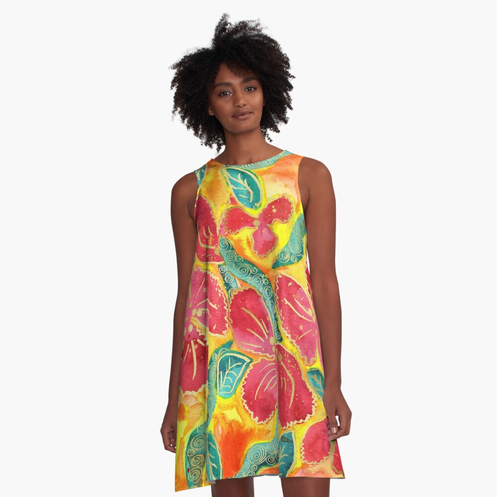 Watercolor Painting Tropical Red Hibiscus Gold Glitter A-Line Dress