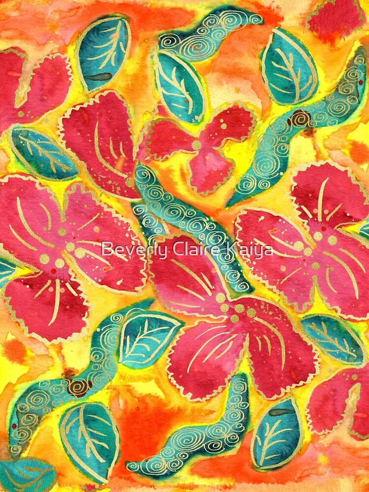 Watercolor Painting Tropical Red Hibiscus Gold Glitter by beverlyclaire