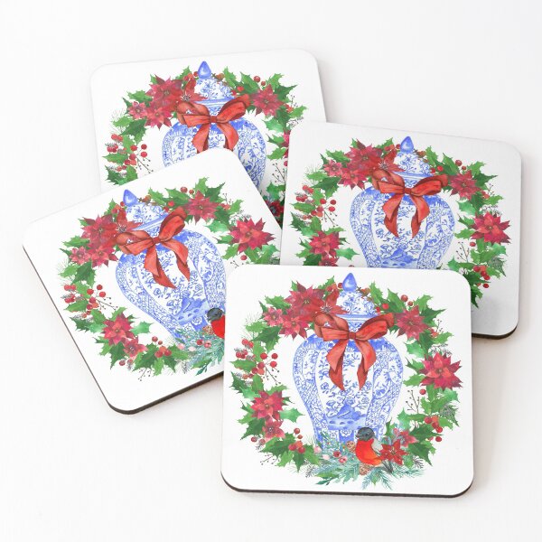 Item preview, Chinoiserie Christmas wreath with blue white porcelain Ginger jar and poinsettias  designed and sold by Yunihadi.