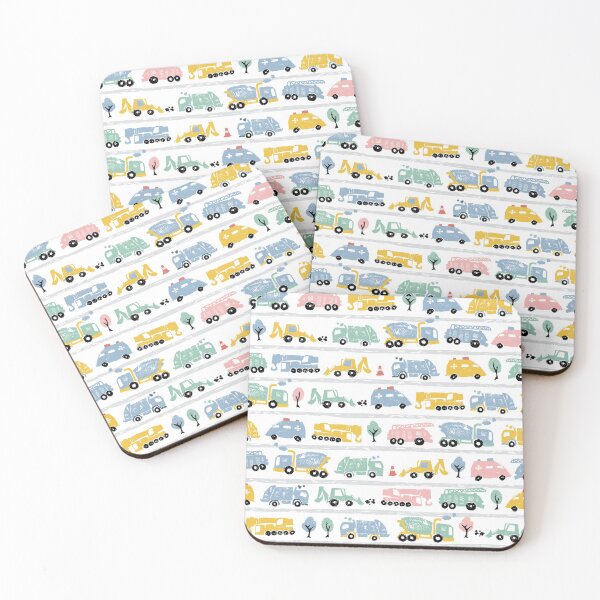 Item preview, White pastel pen skech rows of cute cement trucks transport vehicles seamless pattern with road stripes designed and sold by jamiesoondesign.