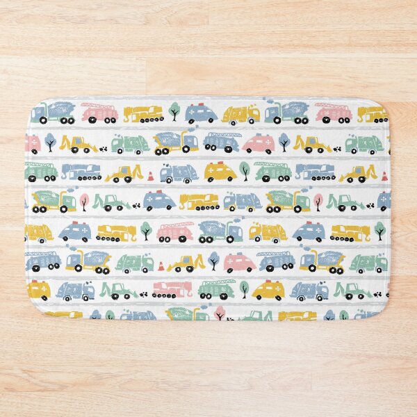Item preview, White pastel pen skech rows of cute cement trucks transport vehicles seamless pattern with road stripes designed and sold by jamiesoondesign.