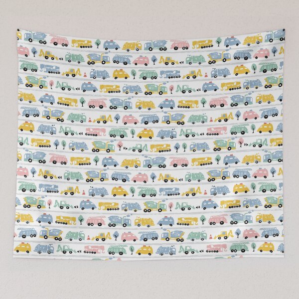 Item preview, White pastel pen skech rows of cute cement trucks transport vehicles seamless pattern with road stripes designed and sold by jamiesoondesign.