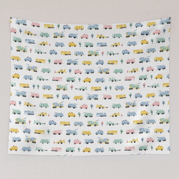 Item preview, White pastel pen skech rows of small cute cement trucks transport vehicles simple seamless pattern.  designed and sold by jamiesoondesign.