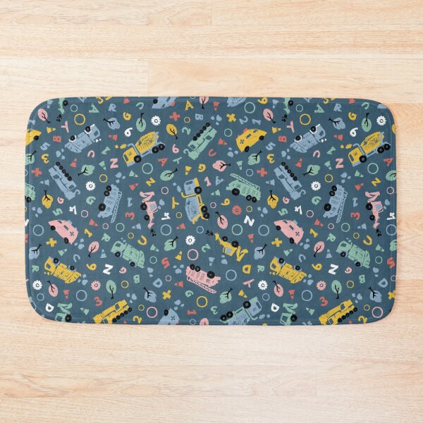 Item preview, Vector dark blue pastel pen skech doodle cute cement trucks transport vehicles with alphabets seamless pattern designed and sold by jamiesoondesign.