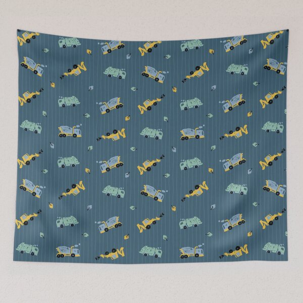 Item preview, Dark blue pen sketch rows of medium cute cement trucks transport vehicles seamless pattern with vertical stripes. designed and sold by jamiesoondesign.