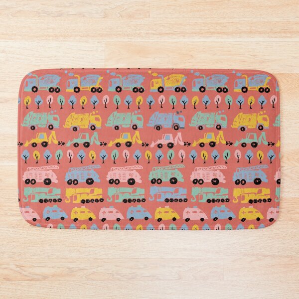 Item preview, Red pastel pen skech rows of cute cement trucks transport vehicles seamless pattern with trees designed and sold by jamiesoondesign.