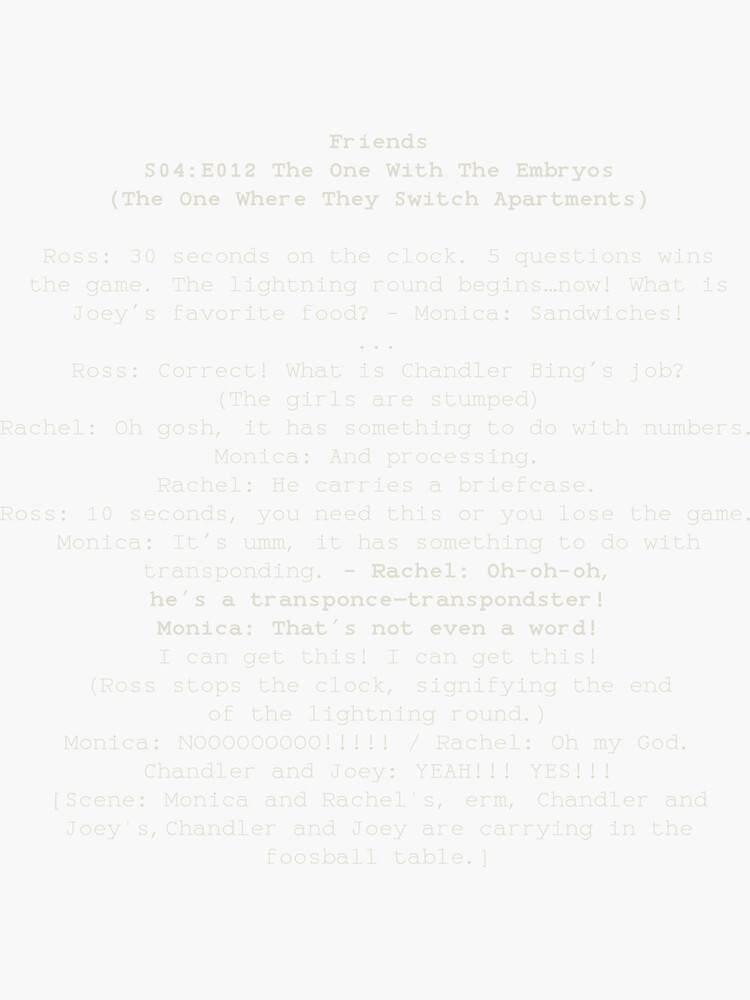 "Friends The One Where They Switch Apartments" Sticker for Sale by X