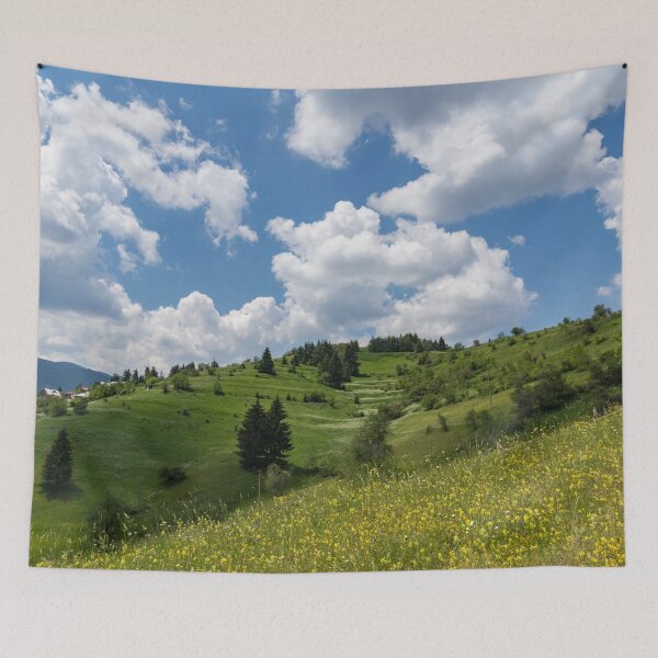 Item preview, Rhodope Mountain Village Layers - Wildflower Meadows Green Hillsides and Fab Clouds designed and sold by Georgia Mizuleva.