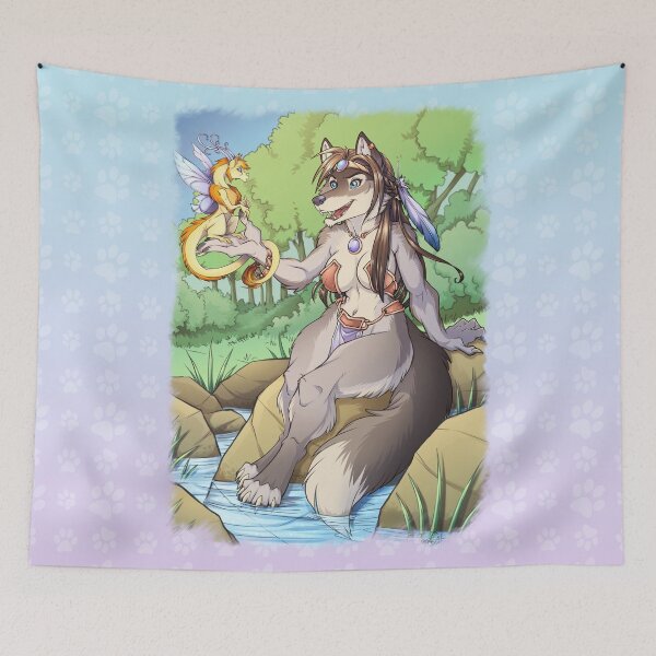 Item preview, Wolf Lake Furry Art Fantasy with Dragon Familiar  designed and sold by cybercat.