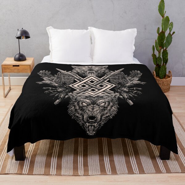 Viking Wolf Raven of Odin Geri Freki Huginn Muninn Norse Mythology Gungnir Throw Blanket