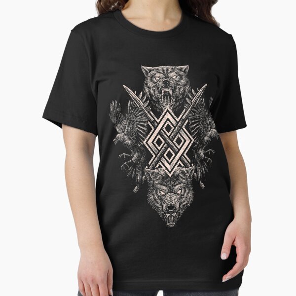 Vista previa del artículo con la obra «Lobo vikingo Cuervo de Odín Geri Freki Huginn Muninn Mitología nórdica Gungnir», diseñado y vendido por BluePagan.