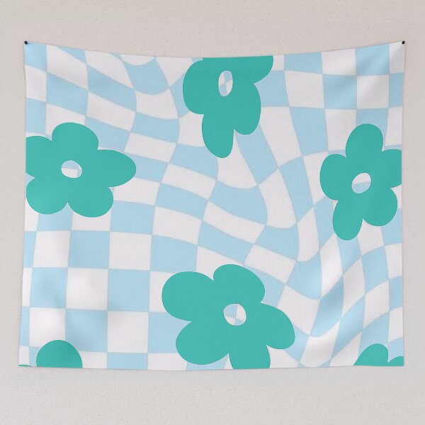 Item preview, groovy pinterest checkered abstract blue flower print designed and sold by SunwaveStickers.