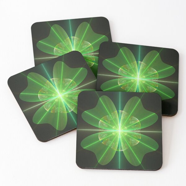 Item preview, Digital illustration of green symmetric clover design with light beams against a dark background designed and sold by siwabudda.