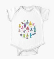 Robots in Space - grey - fun Robot pattern by Cecca Designs Short Sleeve Baby One-Piece