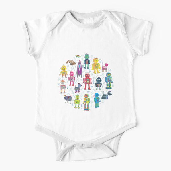 Robots in Space - grey - fun Robot pattern by Cecca Designs Short Sleeve Baby One-Piece