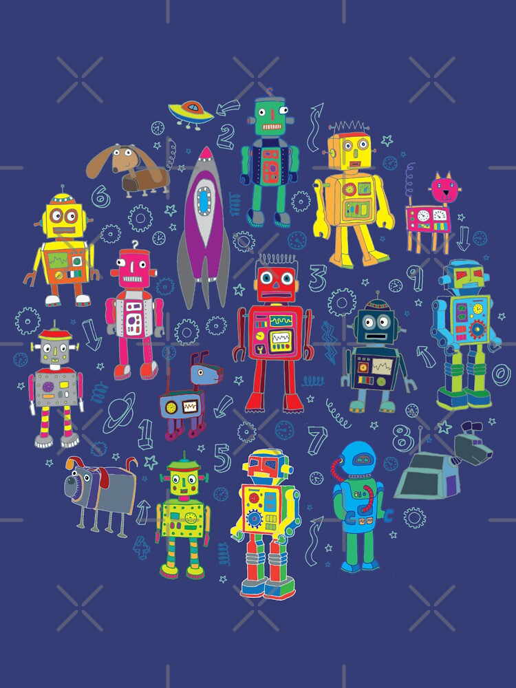 Robots in Space - grey - fun Robot pattern by Cecca Designs by Cecca-Designs