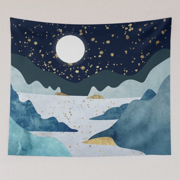 Item preview, Silhouettes of mountains with river and moon. Abstraction of textured plaster with gold elements.  designed and sold by darkmoonlight-.