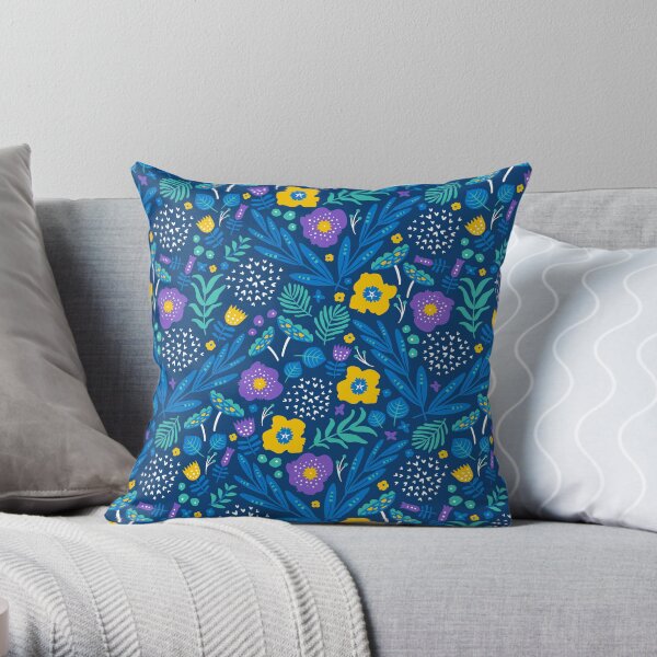 Flora Delight (Blues) Throw Pillow