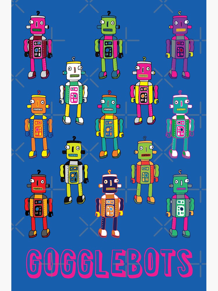 Thumbnail 3 of 3, Sticker, GoggleBots - robot pattern on Blue by Cecca Designs designed and sold by Cecca-Designs.