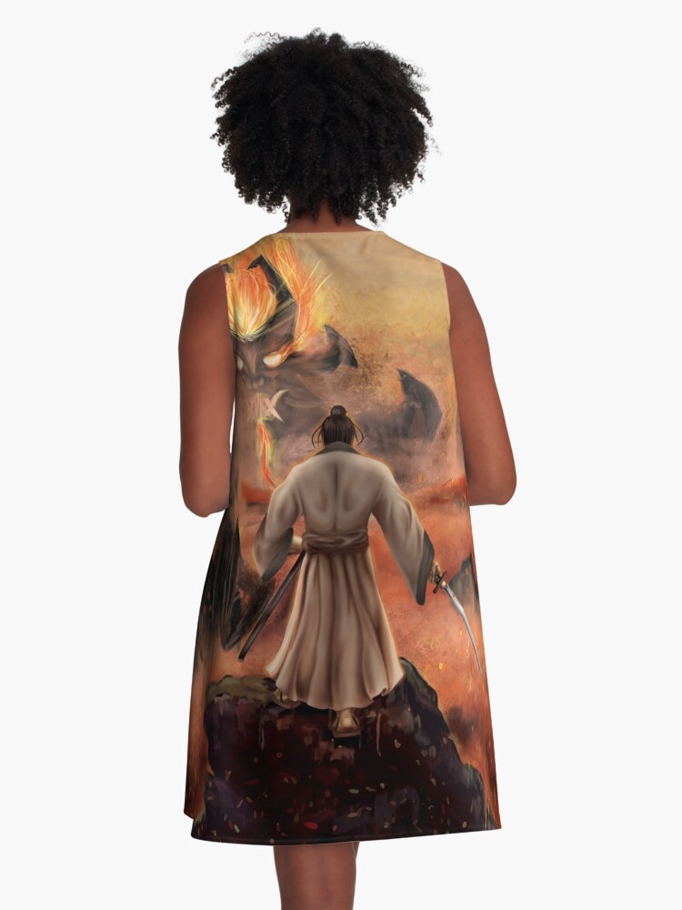 Thumbnail 3 of 4, A-Line Dress, Warrior above the Sea of Fire designed and sold by TannerLail.