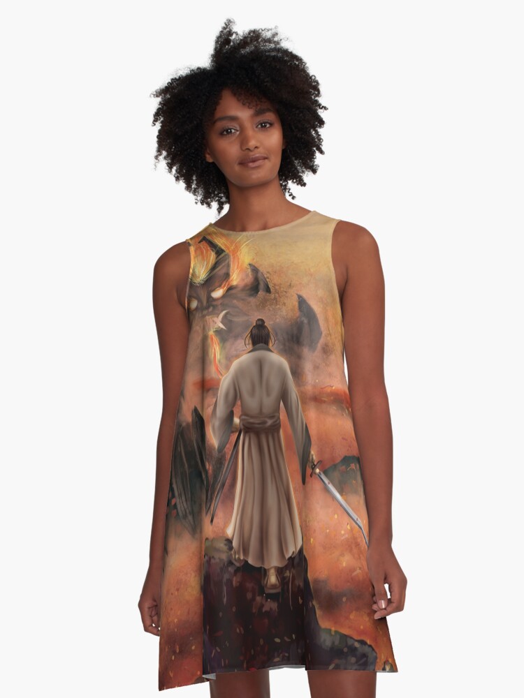 Thumbnail 1 of 4, A-Line Dress, Warrior above the Sea of Fire designed and sold by TannerLail.