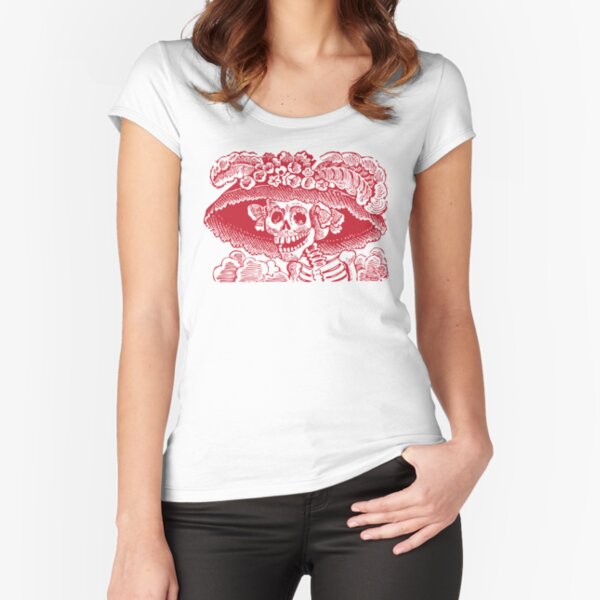 Calavera Catrina | Day of the Dead | Dia de los Muertos | Skulls and Skeletons | Vintage Skeletons | Red and White | Fitted Scoop T-Shirt