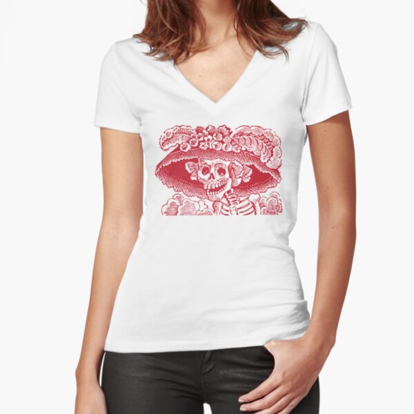 Calavera Catrina | Day of the Dead | Dia de los Muertos | Skulls and Skeletons | Vintage Skeletons | Red and White | Fitted V-Neck T-Shirt