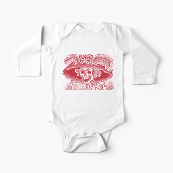 Calavera Catrina | Day of the Dead | Dia de los Muertos | Skulls and Skeletons | Vintage Skeletons | Red and White | Long Sleeve Baby One-Piece
