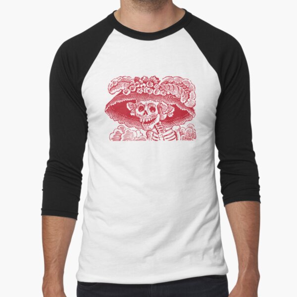 Calavera Catrina | Day of the Dead | Dia de los Muertos | Skulls and Skeletons | Vintage Skeletons | Red and White | Baseball ¾ Sleeve T-Shirt