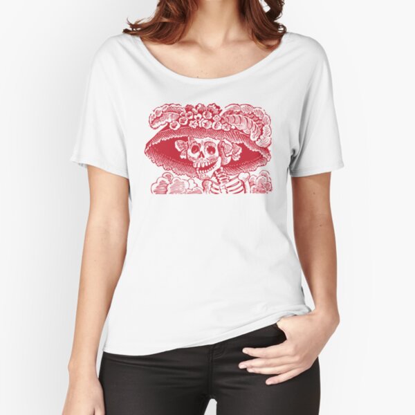 Calavera Catrina | Day of the Dead | Dia de los Muertos | Skulls and Skeletons | Vintage Skeletons | Red and White | Relaxed Fit T-Shirt