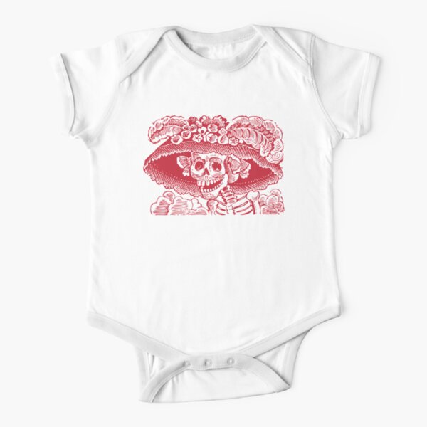Calavera Catrina | Day of the Dead | Dia de los Muertos | Skulls and Skeletons | Vintage Skeletons | Red and White | Short Sleeve Baby One-Piece