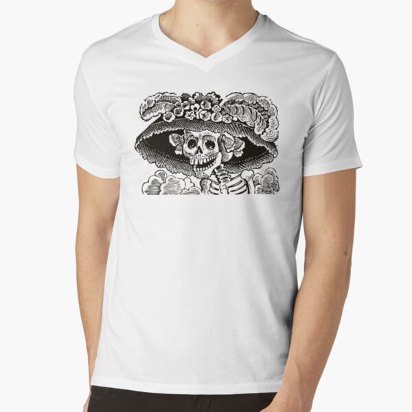 Calavera Catrina | Day of the Dead | Dia de los Muertos | Skulls and Skeletons | Vintage Skeletons | Black and White | V-Neck T-Shirt